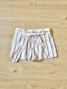 Ann Taylor Factory White/Red Linen Blend Striped Mid Rise Belted Shorts